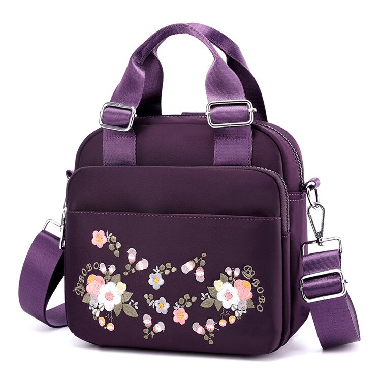 Marca multifuncional bolsas femininas bordados flores tote bolsa de ombro das senhoras mão crossbody sacos náilon bolsa: ROXO