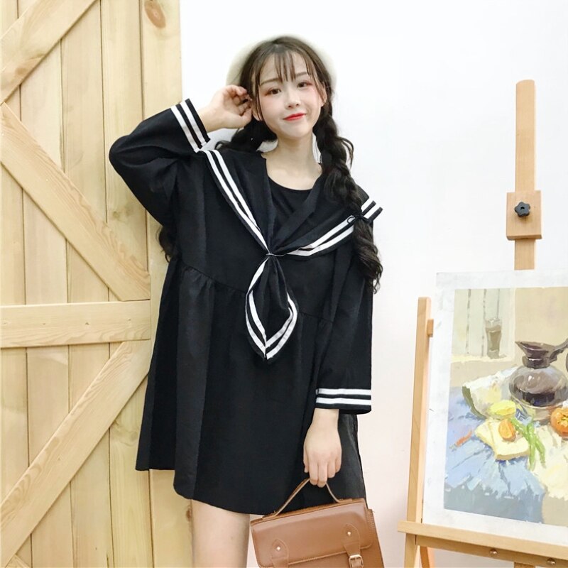 Falda de marinero de estilo universitario japonés, vestido de muñeca holgado de manga larga con cuello de marinero y solapa grande, uniforme escolar para mujer