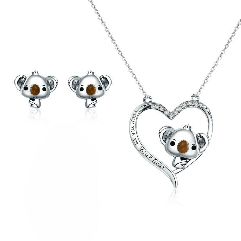Bisaer ægte 925 sterling sølv smykker sæt koala bjørn mor kærlighed hjerte halskæde ringe sæt kvinder smykker sæt sølv 925 smykker: Øreringe halskæde