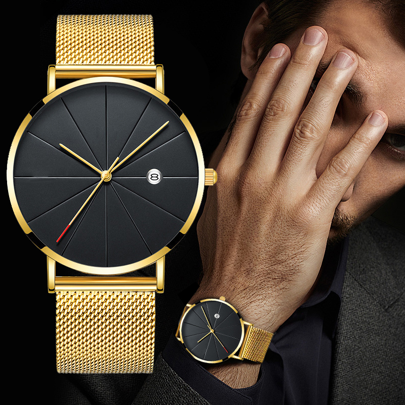 Luxe Business Horloges Mannen Super Slanke Horloges Roestvrijstalen Gaas Riem Quartz Horloges Gouden Horloges Mannen
