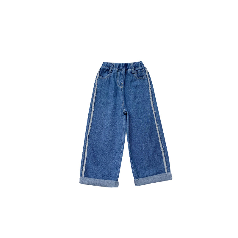 Jean à lisière rugueuse sur le côté pour filles, pantalon en denim à jambes larges assorti pour enfants de 2 à 7 ans, à la , printemps: 2T