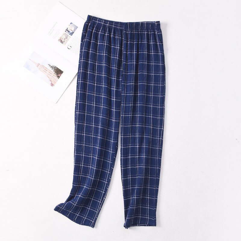 Mens Plaid Gauze Sleep Bottoms Knitted Cotton Lounge Wear Loose and Soft Pyjamas Trousers Plus Size Sleepwear Home Pants