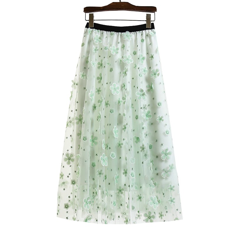 Falda de tul de gasa bordada para mujer, falda de malla plisada de cintura alta, con estampado Floral blanco coreano, 2022: Verde