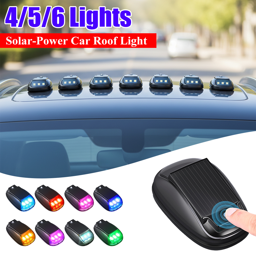 Autodakverlichting op zonne-energie met draadloze, op afstand bedienbare knipperlichten (rgb), stroboscoop op zonne-energie voor autodecoratie.