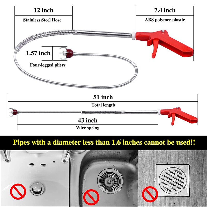 180cm Sewer Dredge Tools Drain Snake Spring Tube Dredging Floor Drain Plunger Cleaner Bathroom Toilet Anti Clogging Claw Hook
