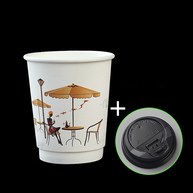 50 st förtjockad pappersmugg 12 uns kaffekoppar för engångsbruk vit engångsmugg förpackning dryckesmugg med lock: Kopp och svart lock / 300ml 8oz 50 st
