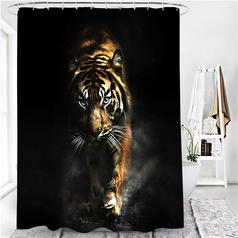 Ensemble de rideau de douche avec tapis, motif animaux, tigre, Lion, imperméable, écran de bain, antidérapant, couvercle de toilette, décor de salle de bain: Shower Curtain - A