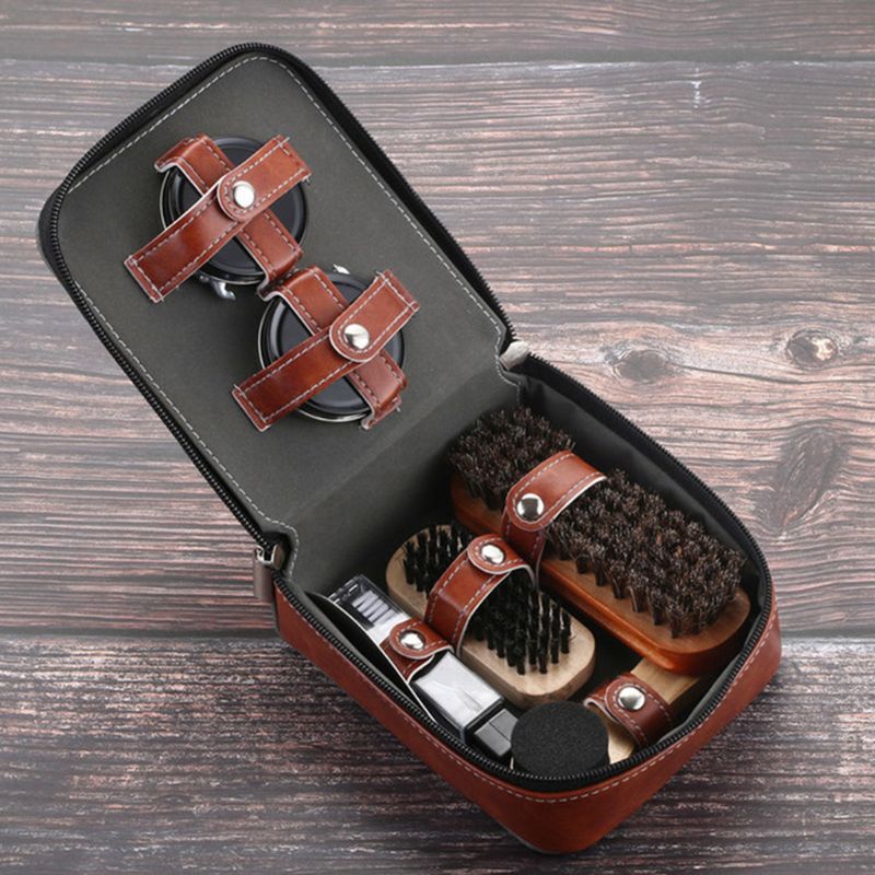 leather shoes care tools 9 pieces, horse hair brush, black shoe polish, sponge brush, shoe polisher, shoehorn, clea