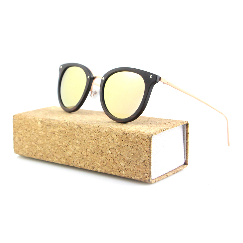 Skymood Vintage Women's Polarized ROSE Gold Tint Lens Cat Eye Steel Metal Ebony Wood Frame Sunglasses