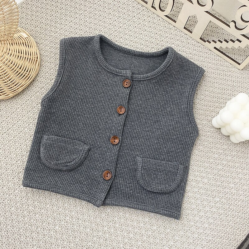 2021 nova criança bebê colete para a menina sólido waffle sem mangas cardigan primavera outono algodão crianças roupas meninos trajes: Z578G / 6M