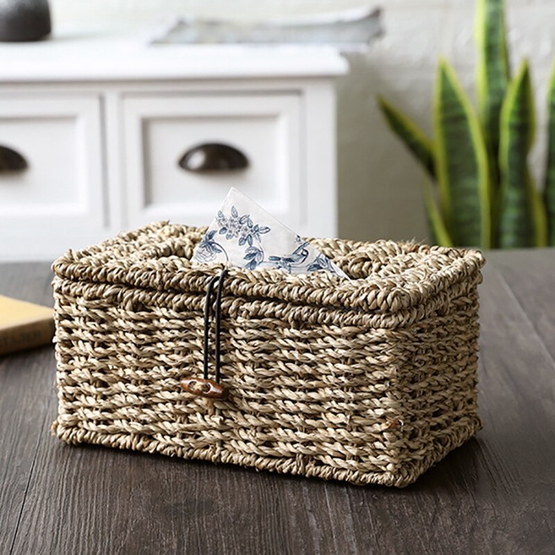 Handmade Woven Natural Rustic Brown Seagr Tissue Box, Rectangular Storage Box Sundries Storage Box