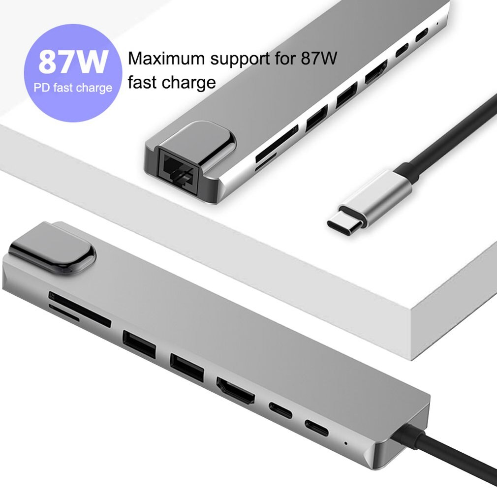 Expansion dock Eight-in-one Plug and play Aluminum alloy Fast heat dissipation Type C to HDMI RJ45 USB3.0 TF PD hub