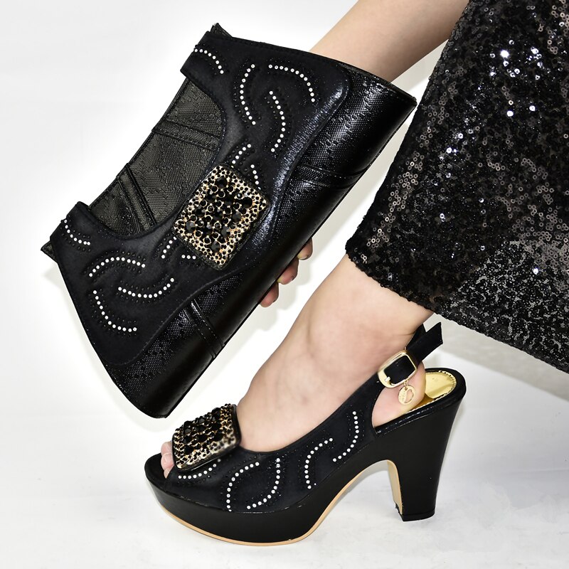 Latest Italian Shoes with Matching Bags Shoe Decorated with Rhinestone Italy Shoes and Bags Set for Woman Ladies Shoes: Black / 6.5