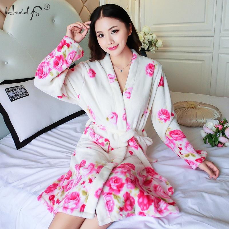 Flannel badekåber dame tegneserie dejlig tyk varm natkjoler vinter badekåbe kvinder pyjamas badekåbe nattøj: Rose