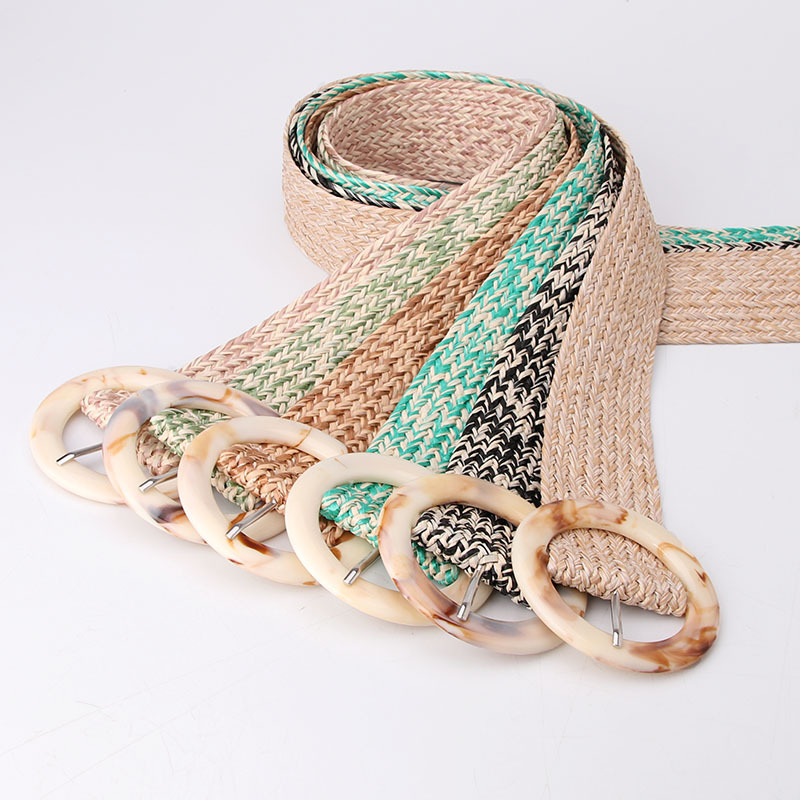Summer Women Braided Elastic Belt Round Resin Buckle Vintage Bohe Straw Buckle Belt Dress Shirt Dress Belt Female Knitted Belt