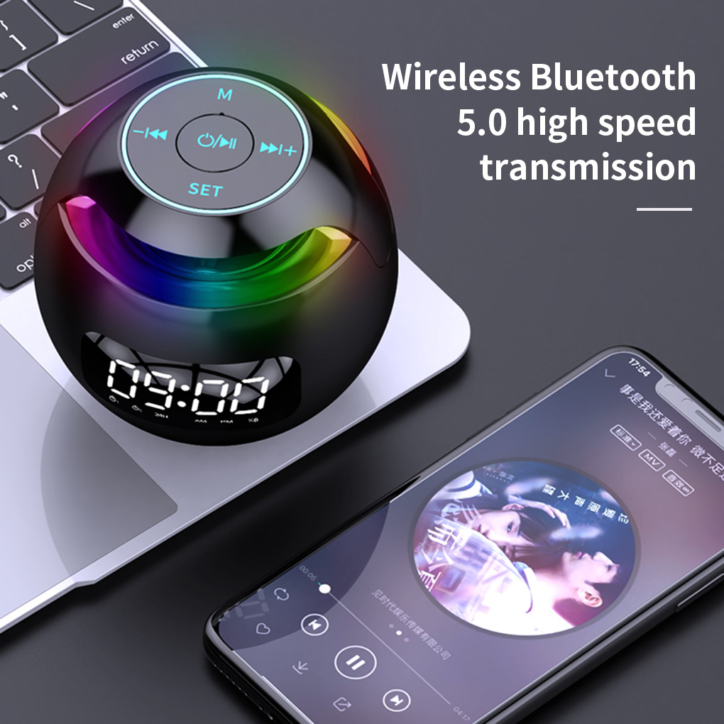 Bluetooth-kompatibel 5.0 højttaler med led digitalt vækkeur musikafspiller trådløs kugleformet urhøjttaler mini bt højttaler