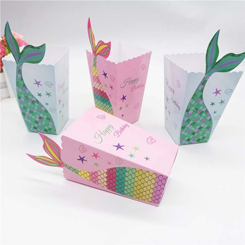 6pcs Mermaid Tail Popcorn Boxes Paper Candy Box Mermaid Birthday Party Decorations Kids Favors Baby Shower Party Supplies