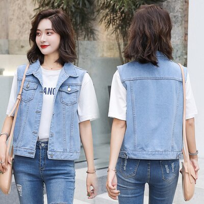 Dames denim jasje lente zomer korte denim dames vest casual slim enkelrijs mouwloos jeans jassen jassen: Blauw / Xxl