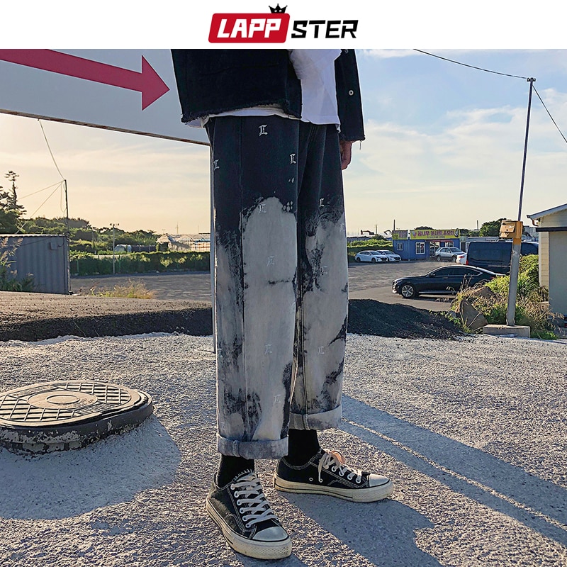 LAPPSTER Men Korean Gradient Black Jeans Mens Embroidery Streetwear Baggy Denim Pants Male Hip Hop Wide Leg Harem Pants INS