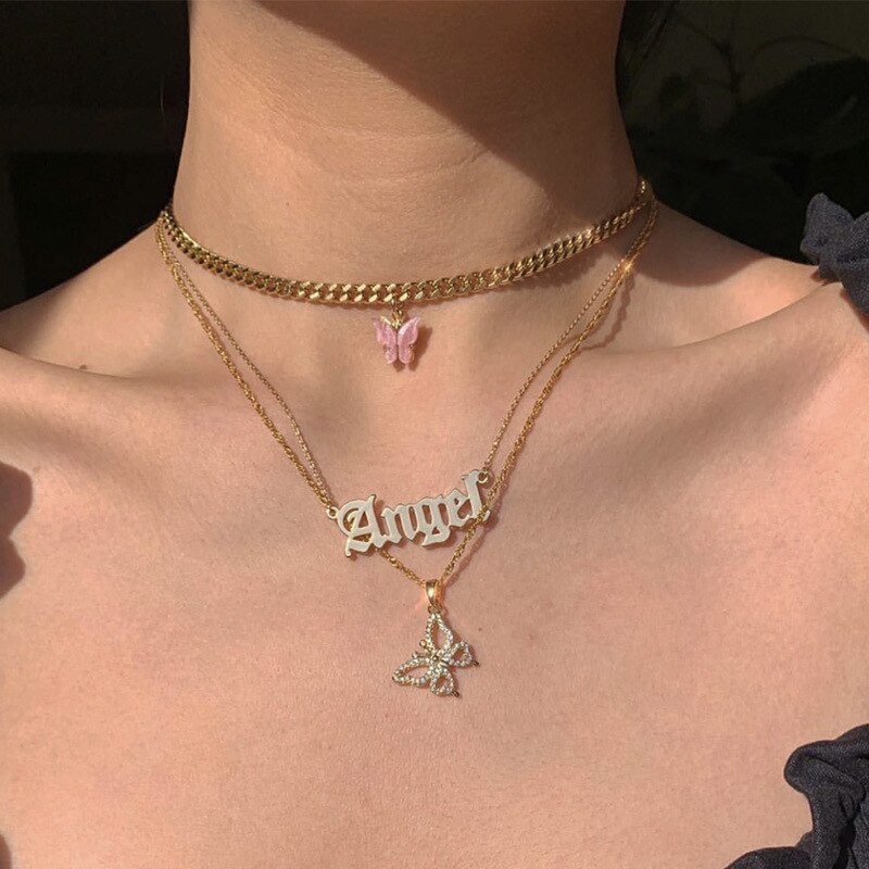 3Pcs/Set Charm Women Necklaces Set Letter Angel Hollow Butterfly Clavicle Chain Gold Necklace Wedding Party Lady Jewelry: Default Title