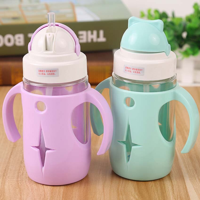 Babybarn glassflaske med sugerør barn drikkeflaske mateglass kopp lekkasjesikker flaske med silikonetui 260ml