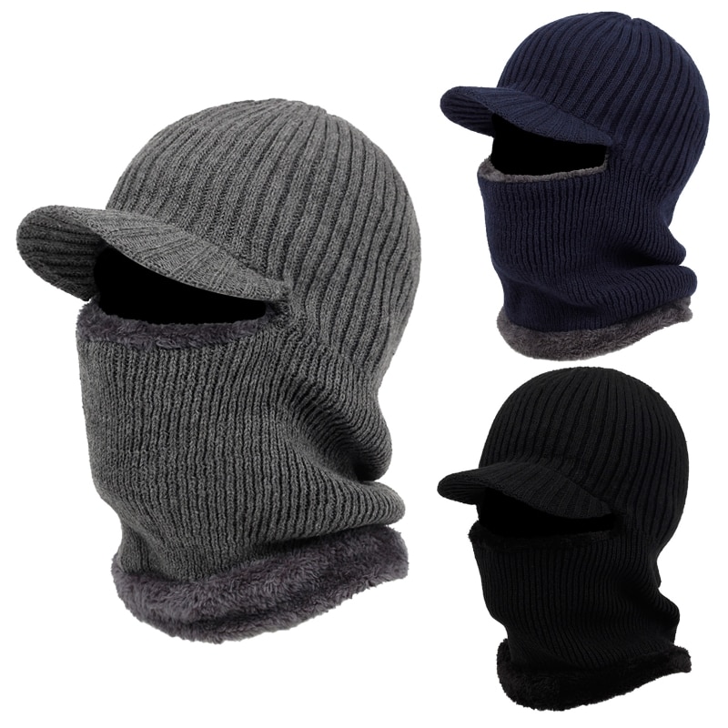 Men Winter Knitted Balaclava Beanie Hat with Windproof Visor Thermal Plush Lining Neck Warmer Cycling Ski Mask Hood Cap