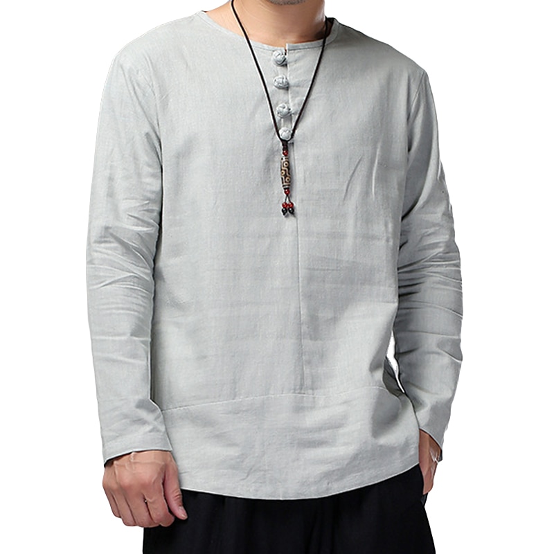 Fritidsskjortor herr bomullslinne långärmad enfärgad vit skjorta med rund hals camisa masculina herrkläder