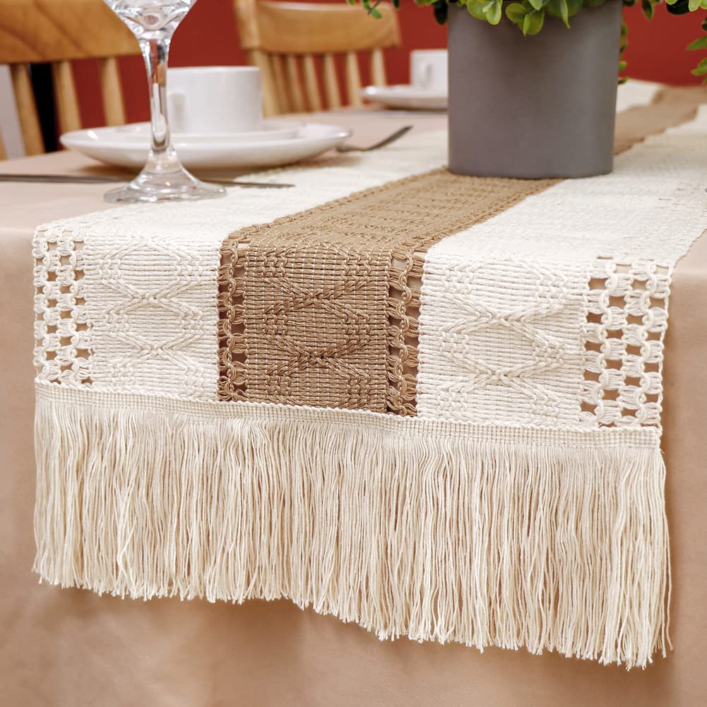 Camino de mesa de arpillera empalmado estilo granja, camino de mesa bohemio decoración moderna de granja encaje de ganchillo de algodón tejido rústico