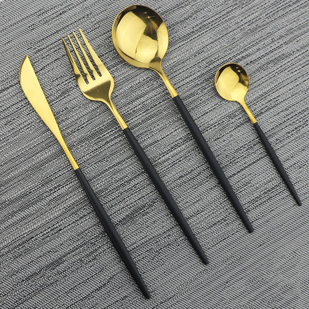 Black Gold Cutlery Set 18/10 Stainless Steel Dinnerware Set 16Pcs/24Pcs/32Pcs Kitchen Tableware Set Knife Fork Spoon Dinner Set
