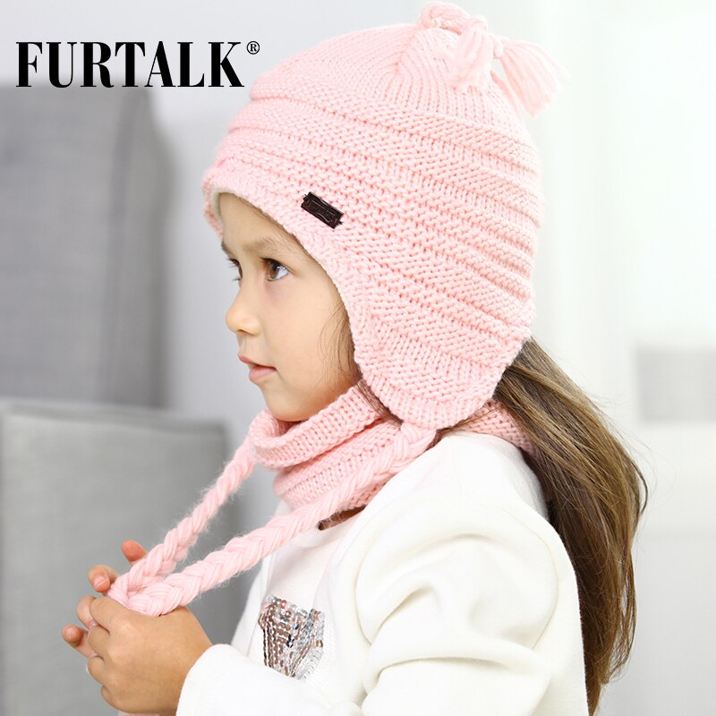 FURTALK Children Winter Hat with Ears Girls Boys pompom Hat Scarf Set for Baby Kids Knitted Earflap Hats Pink White Black Cap