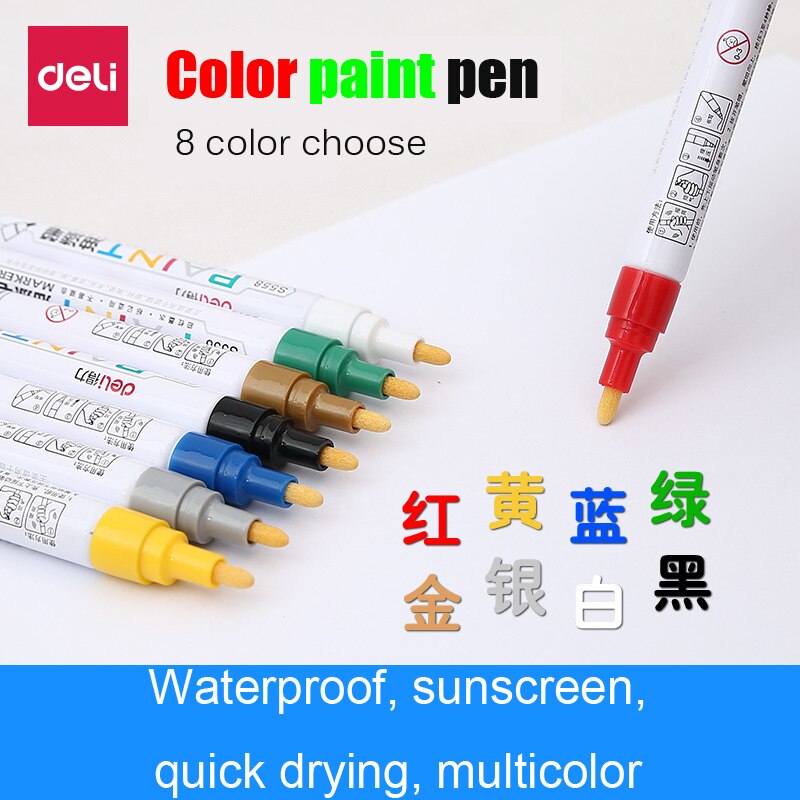 Deli 1 PCS Permanent Marker White Paint Marker Pens Assorted Colors Markers Stationery school & office Supplies Mark pen 8 color