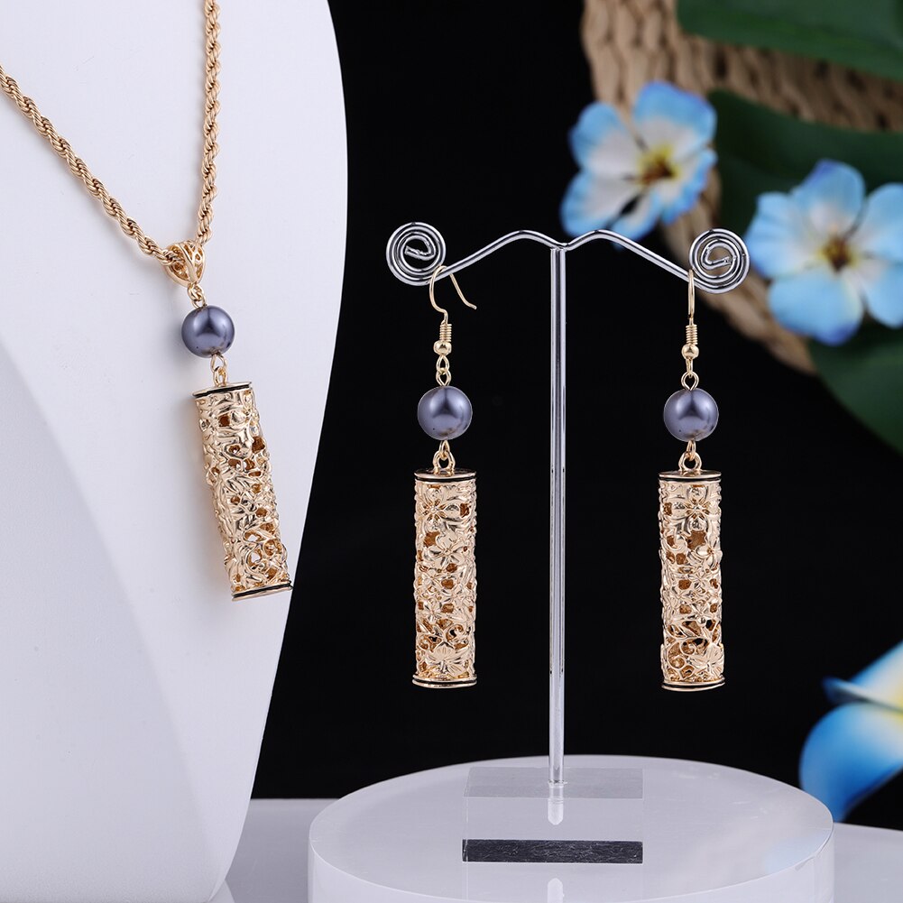 Cring Coco Earrings Necklace Set Hawaiian Polynesian Samoa Gold Hollow out Pearl Pendant Necklace Jewelry Set for Women: ZH0533GOGR