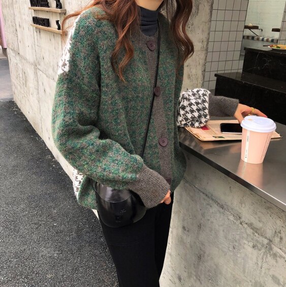 Suéteres de mujer de gran tamaño, suéter de otoño e invierno, cárdigans vintage con botones y cuello redondo, cárdigan holgado de una sola botonadura y mangas abullonadas.