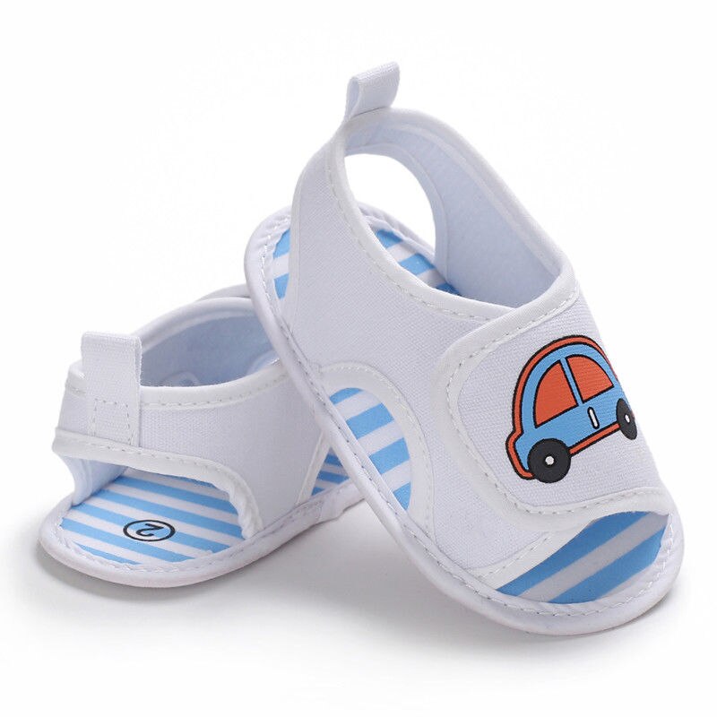 Pasgeboren Baby Jongens Meisjes Zomer Sandalen Leuke Cartoon Auto Print Soft Sole Crib Schoenen Klompen Peuter Prewalker Sandalen Schoenen: WHITE / 13-18 months