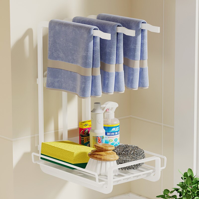 Kitchen Storage Rack Free Punching Rack Household Rag Rack Countertop Dishcloth Sponge Drain Rack Wall Hanging Sink