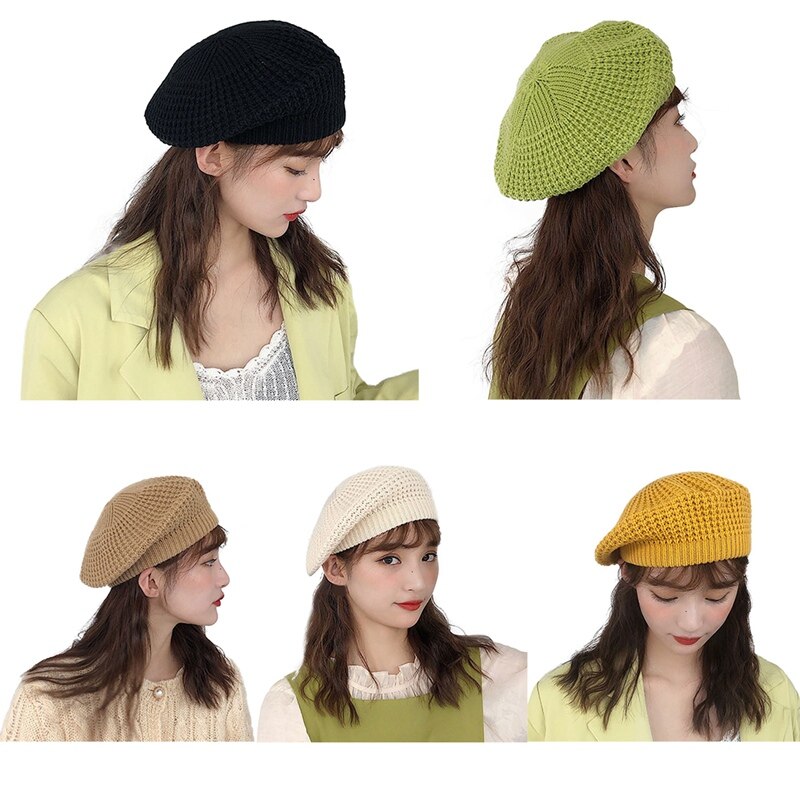 Efterår vinter strikket baret kvindelig japansk blød søster søde britiske hatte maler sød farve hætter sort grøn gul