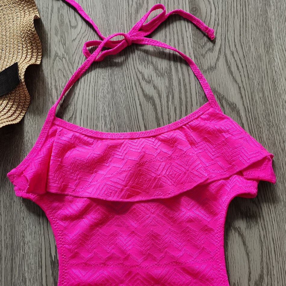 2-8 Years Girl Swimsuit One Piece Children's Swimwear Halter Top Toddler Girls Bathing Suit Monokini Flounce Swimming Suit