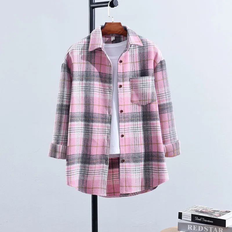 Spring Autumn Female Leisure Long Sleeves Shirt Women Plaid Woolen Cloth Cardigan Blouse Korean Ladies Loose Shirt: S / army green
