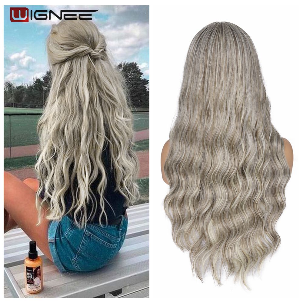 Wignee longo ondulado fibra azul perucas sintéticas parte média resistente ao calor para cabelo natural feminino diário/festa/cosplay party perucas: Ombre Ash  Grey