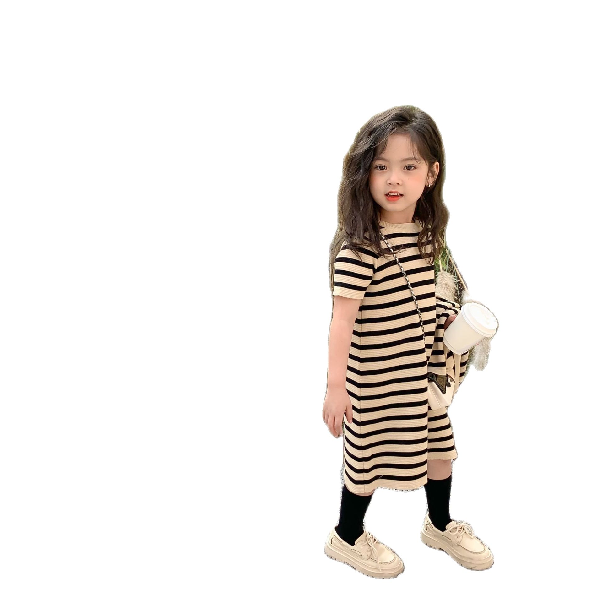 Cardigan maglione a maniche corte a righe in stile coreano per ragazze 2022 nuovo vestito da colletto girocollo per bambini vestiti per bambini in stoffa