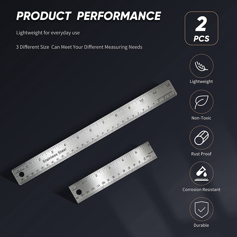 Stainless Steel Cork Backed Metal Ruler, Non Slip Straight Edge with Cork Backing, (2 Pieces 1 X 6 Inch, 1 X 12 Inch)