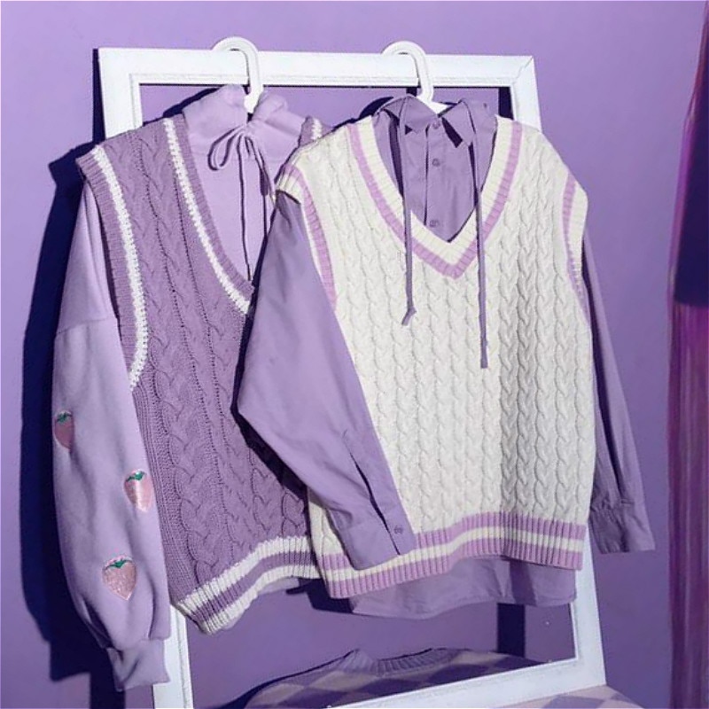 Sweter kamizelka kobiety piękne fioletowe koreańskie popularne dekolt w serek nastolatki skręcony sweter cały mecz jesień moda Femme bez rękawów dzianiny