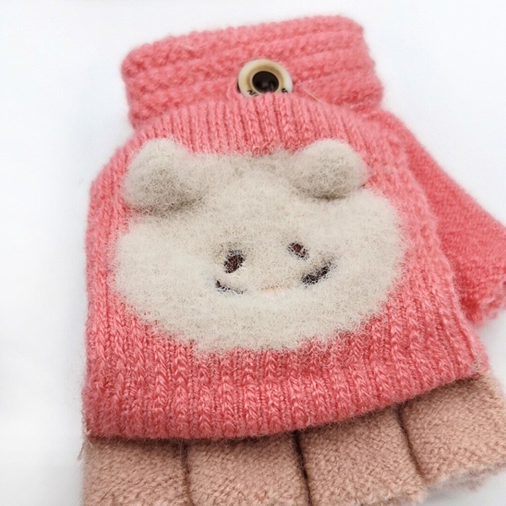 Winter Mittens Gloves Children Girls Winter Cute Cartoon Mittens Gloves Girls Knitted Convertible Fingerless Mittens Gloves