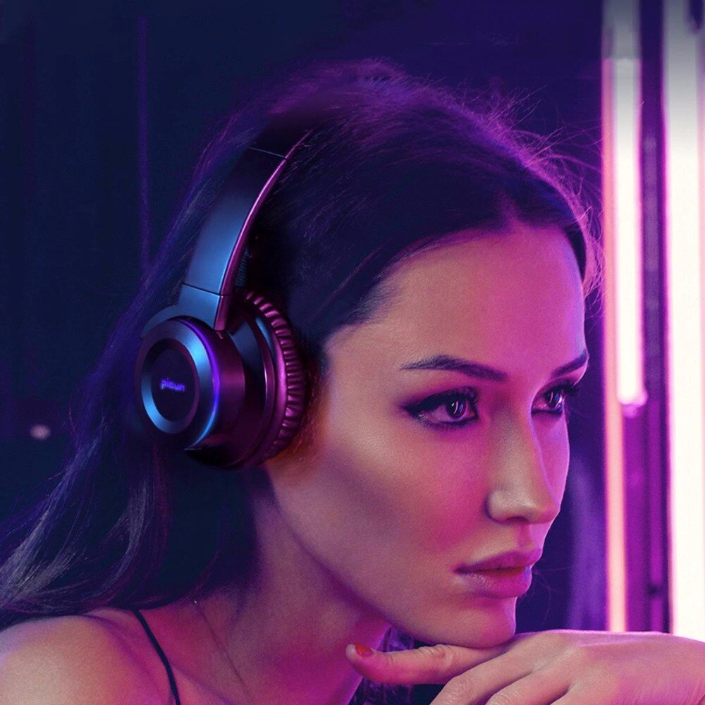 Picun  b9 vikbar bärbar trådlös bluetooth 5.0 hörlurar ledt headset pekstyrning hörlurar med mikrofon tf-kort för mobiltelefon