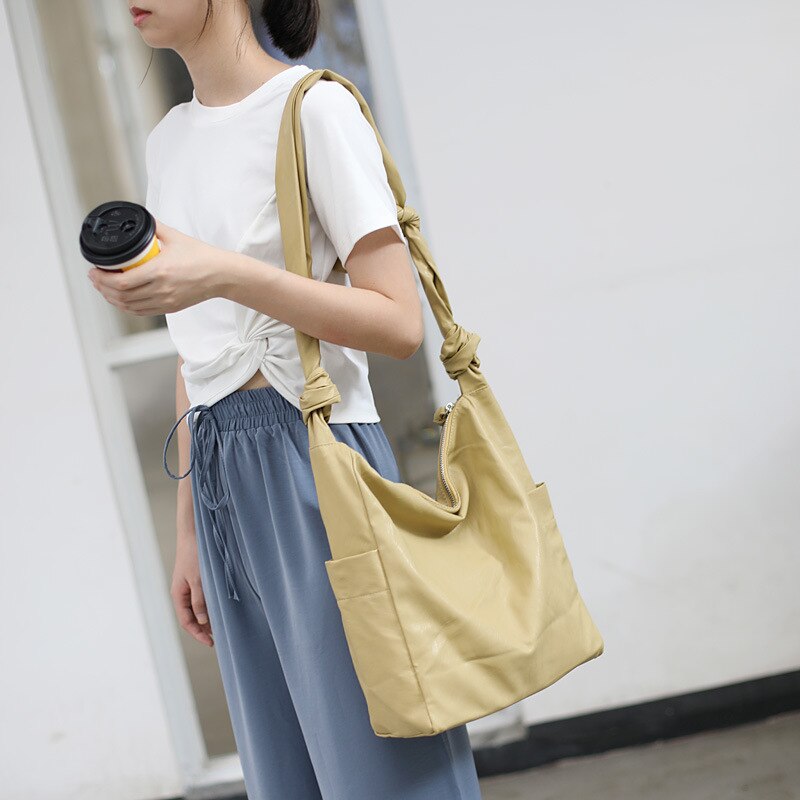 Kunstmatige Lederen Hobo Tas Voor Vrouwen Vrouwelijke Casual Leisure Soft Pu Lederen Slouch Tas Met Knoop Schouderriem Tiener Dagelijks tas: Khaki