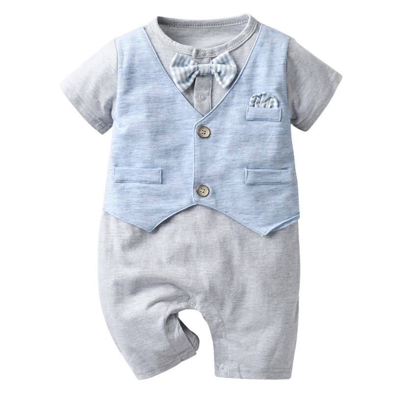 Summer Infant Baby Boys Rompers Gentlemen Bow Tie Short Sleeve Patchwork O-Neck Jumpsuits 2 Colors: Gray / 6M