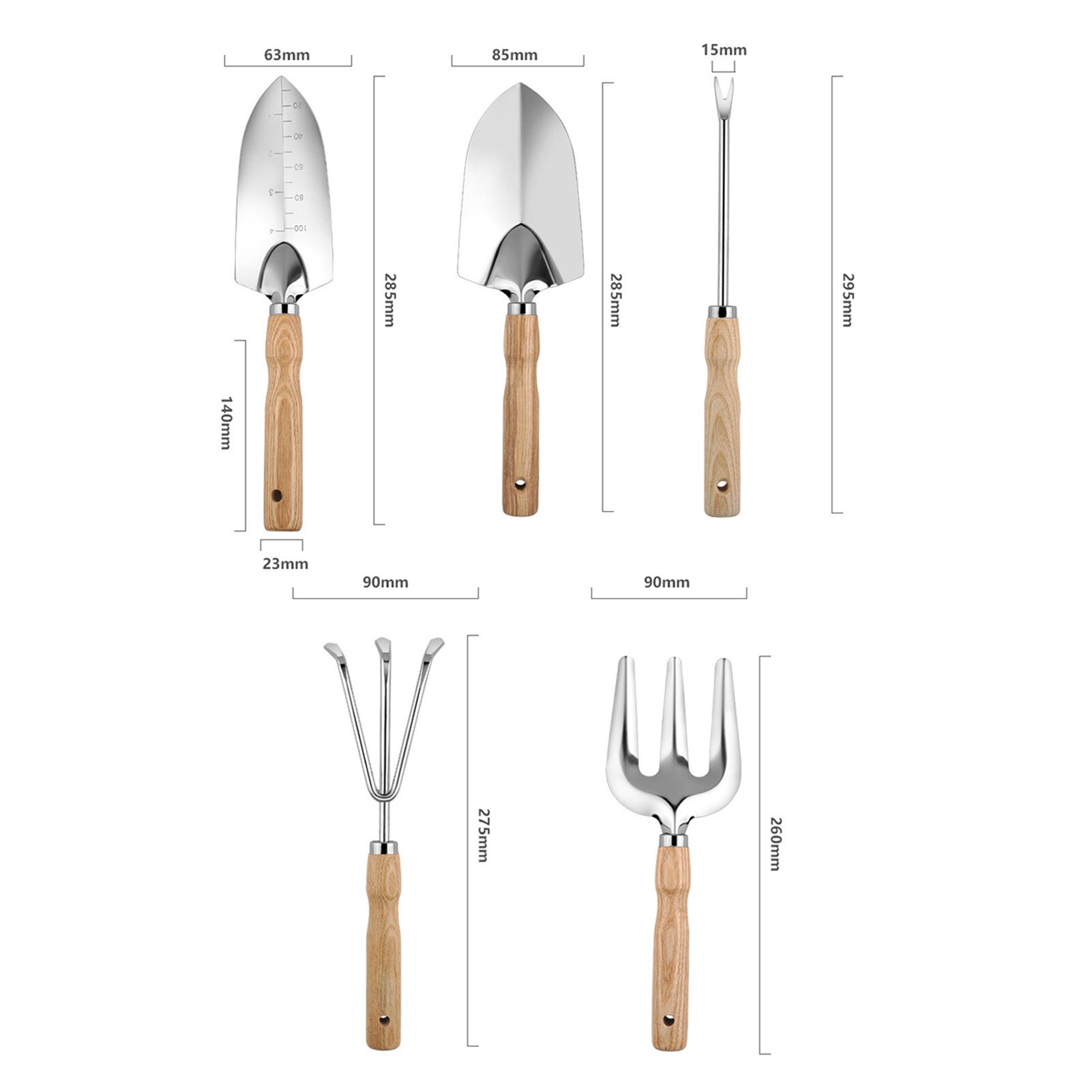 Wooden Handle Gardening Tools Gardening Tool Shovel Spade Rake Fork Weeder 5-Piece Set Portable Gardening Tool Metal Garden Soil