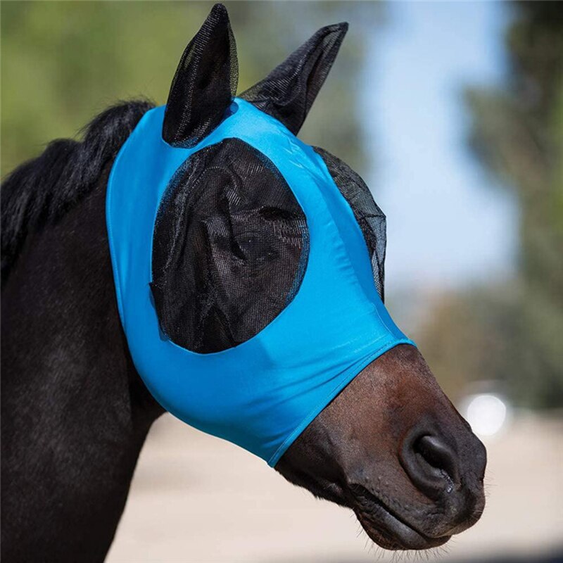 Mesh hest anti-myg maske hoved anti flyvende insekter beskytter dæksel m / øre muff hest udstyr åndbar 5 farver: Blå
