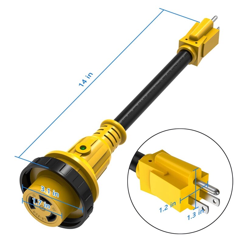 Heavy Duty Rv Power Cord Plug Adapter, 15Amp Male To 30Amp Female with Twist Lock, Led Indicator