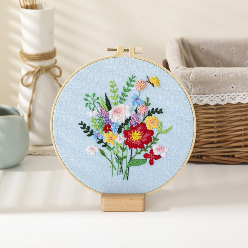 Flower Pattern Stamped Embroidery Kits DIY Embroidery Starter Kit With Bamboo Embroidery Hoop Cross Stitch Sewing Craft: Doukounianhua